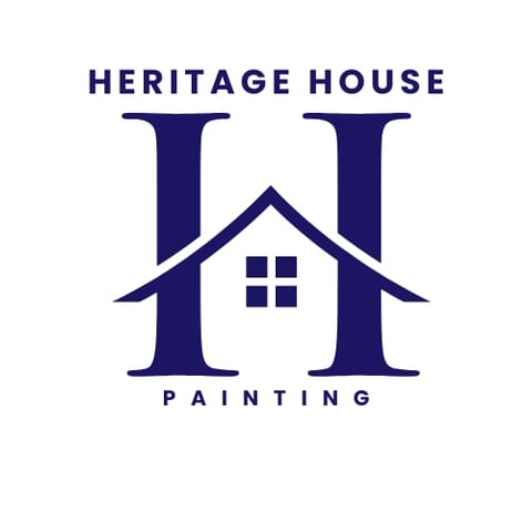Heritage House Painting logo featuring a stylized house with two columns and four-pane window design in dark blue